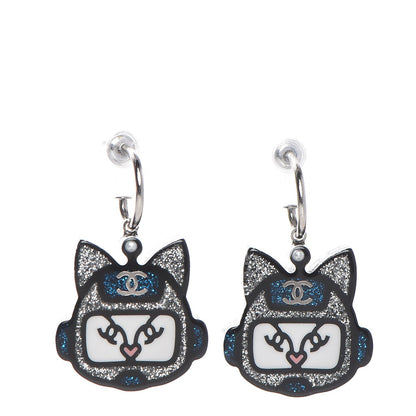 Chanel Resin Emoji Robot Cat Dangle Earrings Black Iridescent Grey 1 of 5