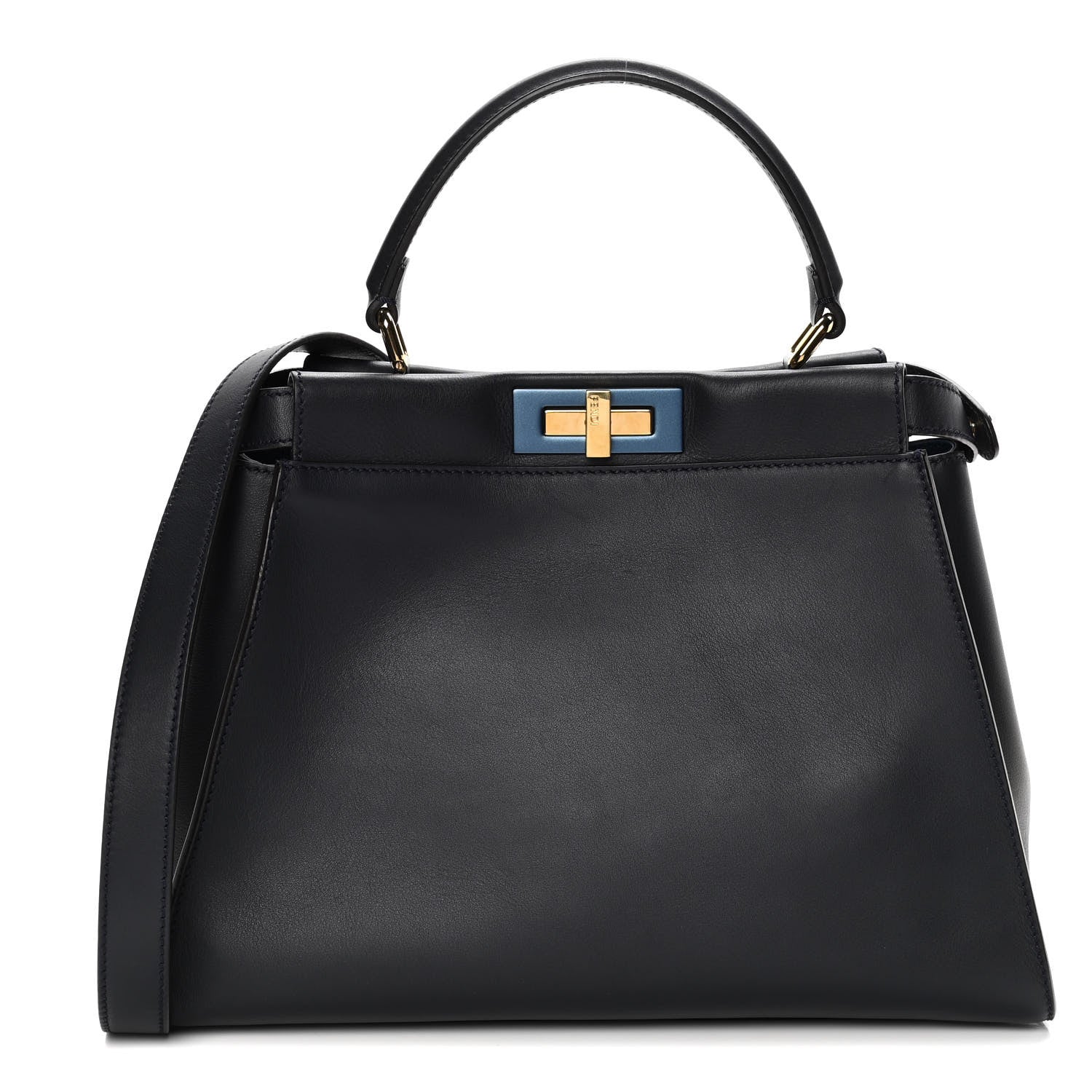Fendi Vitello Seta Shiny Nappa Medium Peekaboo Iconic Satchel Blue Notte Turchese 1 of 12
