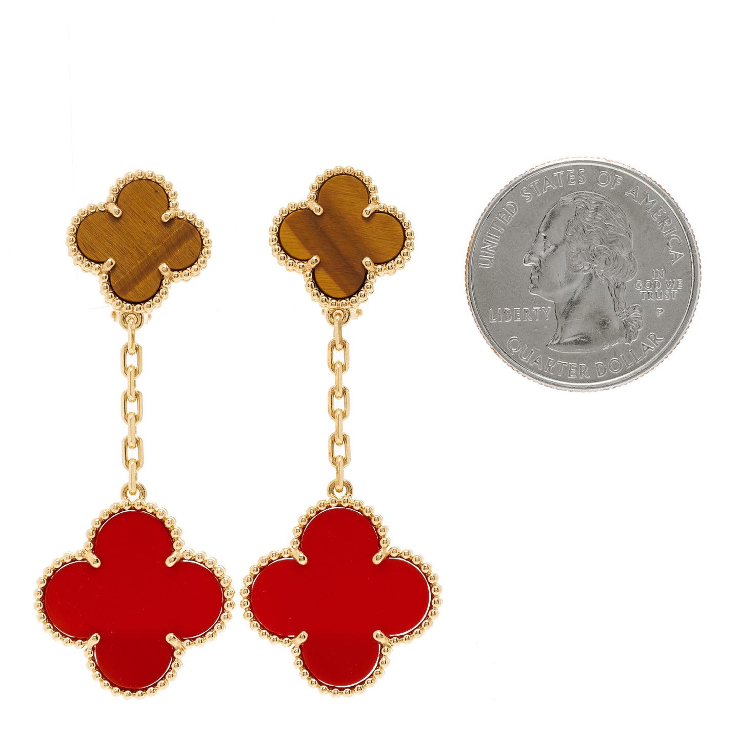 18K Yellow Gold Tiger Eye Carnelian 2 Motifs Magic Alhambra Earrings