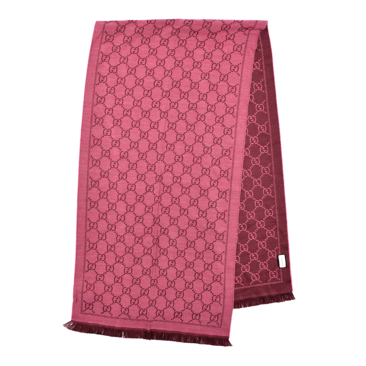 Wool Jacquard Monogram Reversible Stencil Fringe Scarf Pink Red