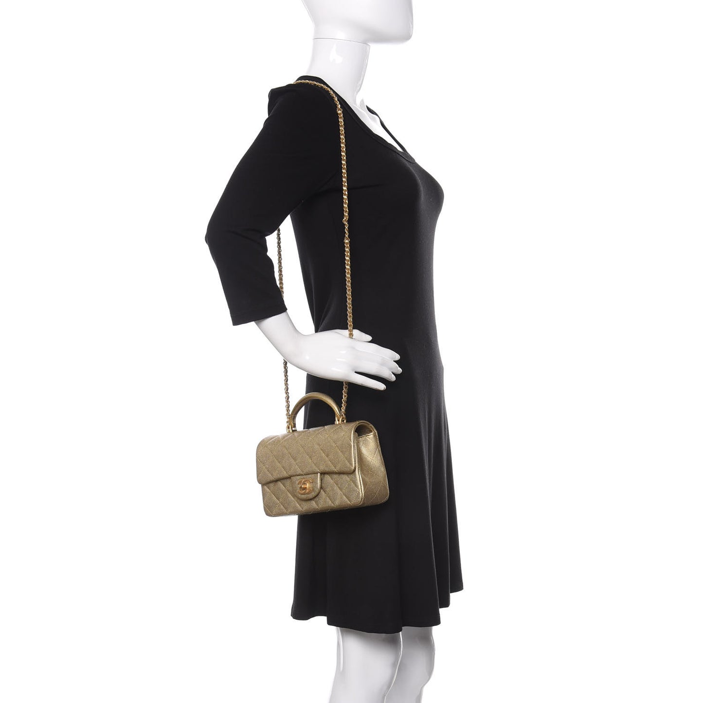 Metallic Caviar Quilted Mini Top Handle Rectangular Flap Gold