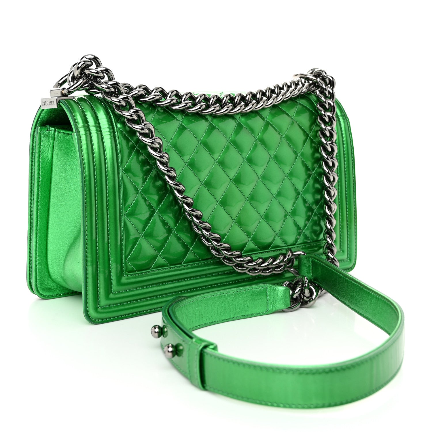 Chanel Metallic Patent Calfskin Quilted Medium Boy Flap Green 3 of 12