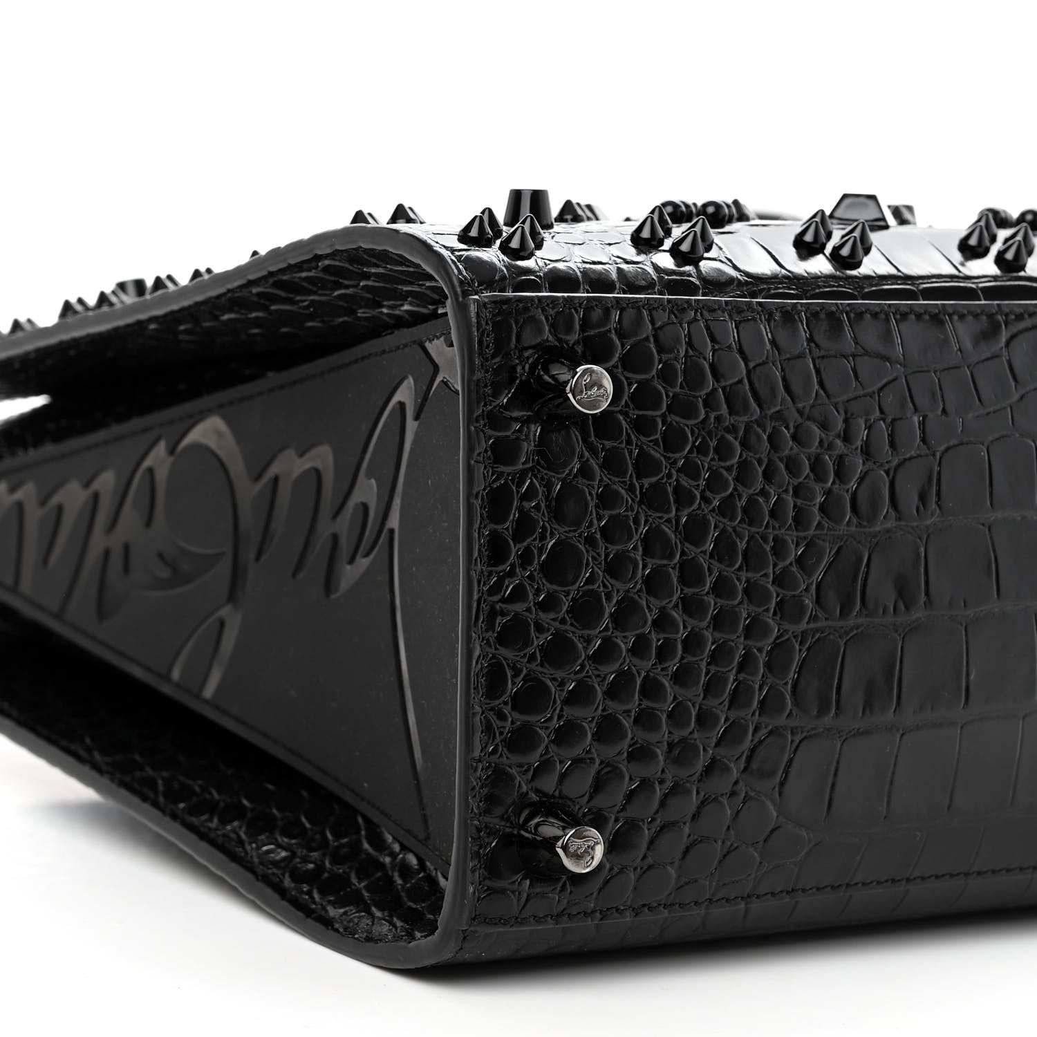 Christian Louboutin Calfskin Crocodile Embossed Studded Medium Paloma S Black 9 of 10