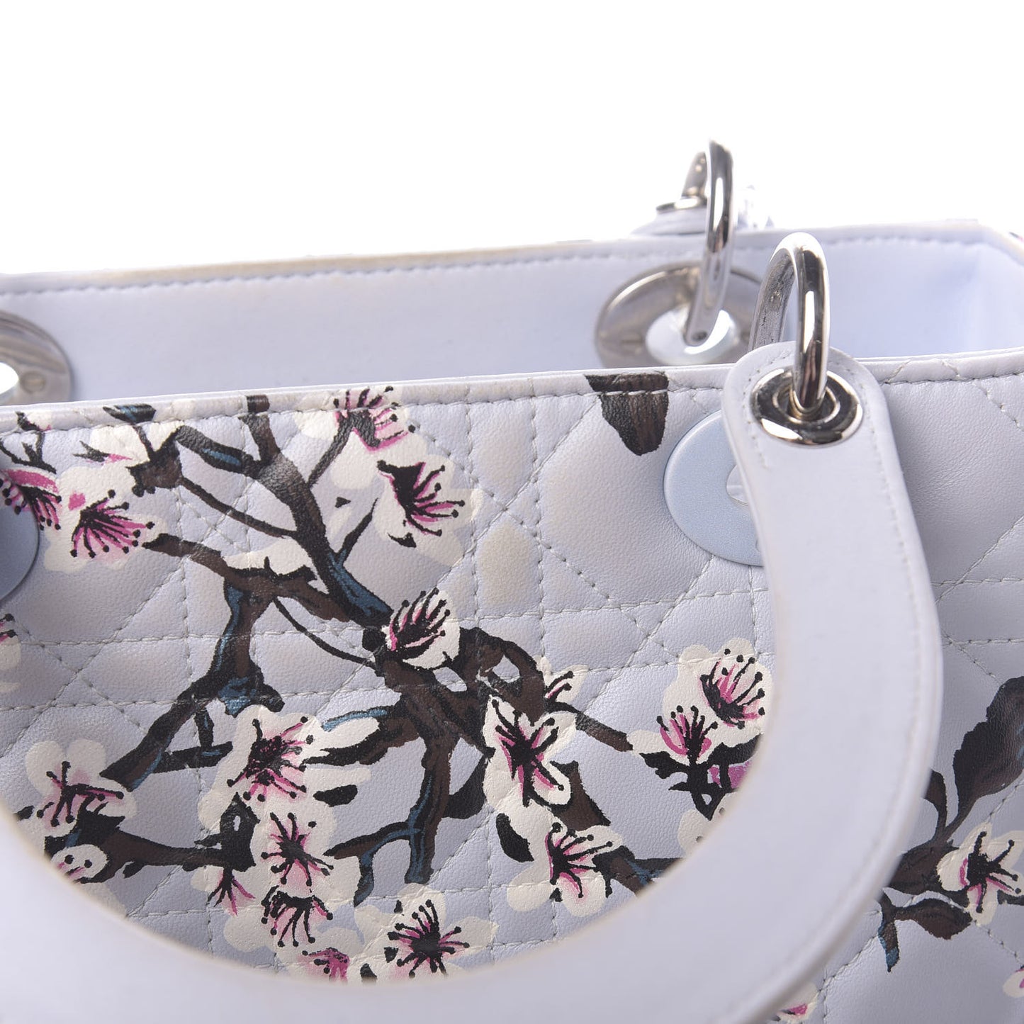 Lambskin Cannage Floral Printed Medium Lady Dior Light Blue