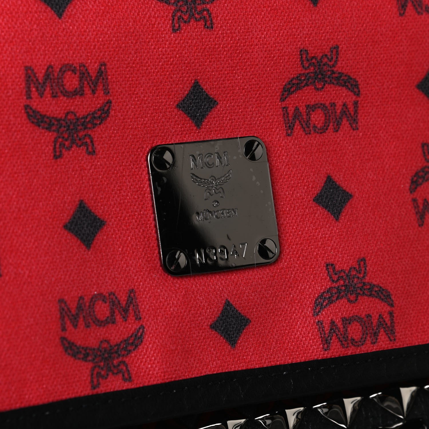 MCM X Ekocycle Monogram Coated Canvas Studded Messenger Bag Red 6 of 13