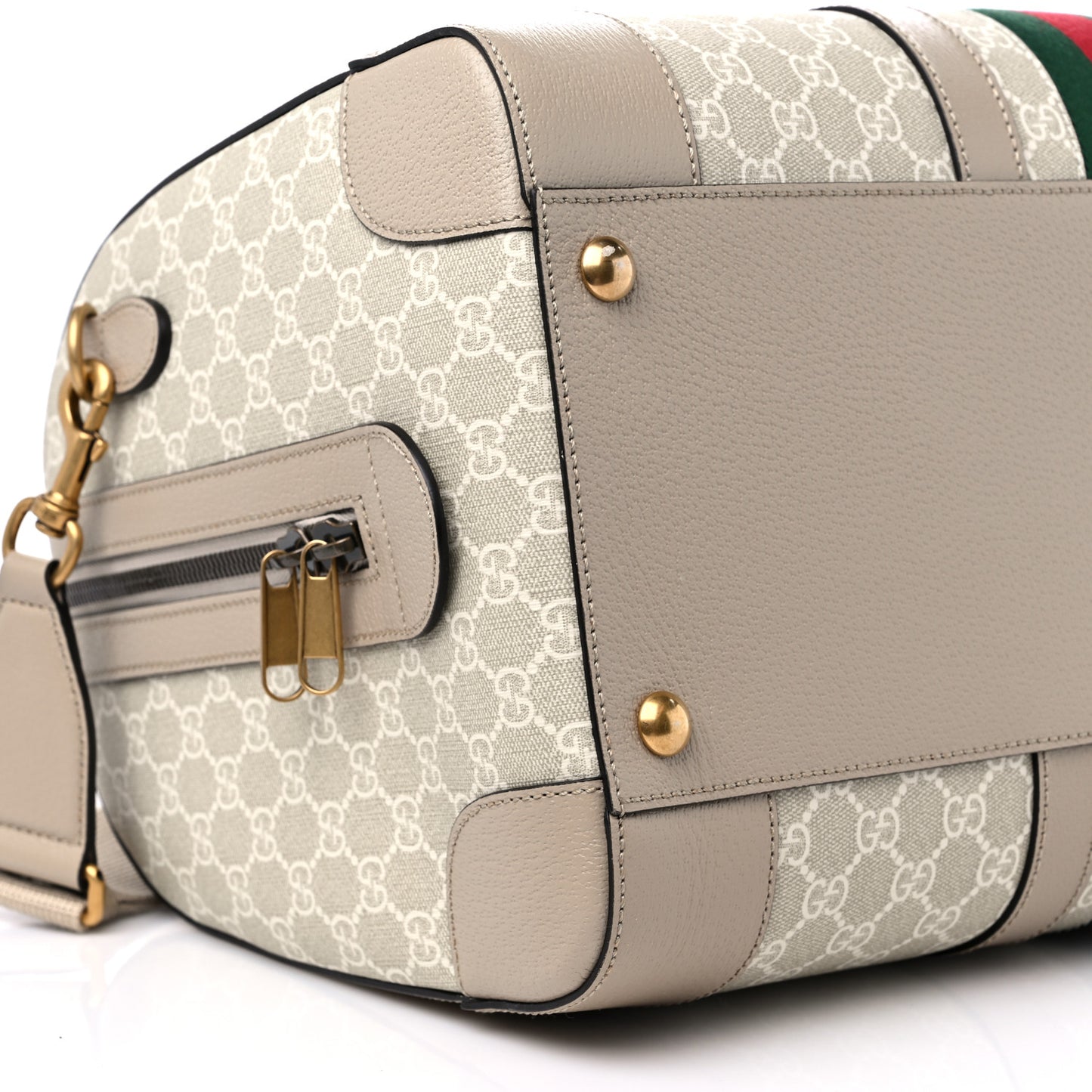 GG Supreme Monogram Textured Dollar Calfskin Web Medium Savoy Duffle Bag Beige Mystic White Oatmeal