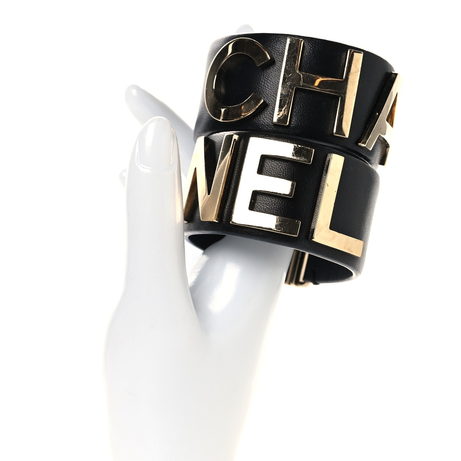 Chanel Lambskin Cha-Nel Logo Cuff Set M Gold Black 2 of 5