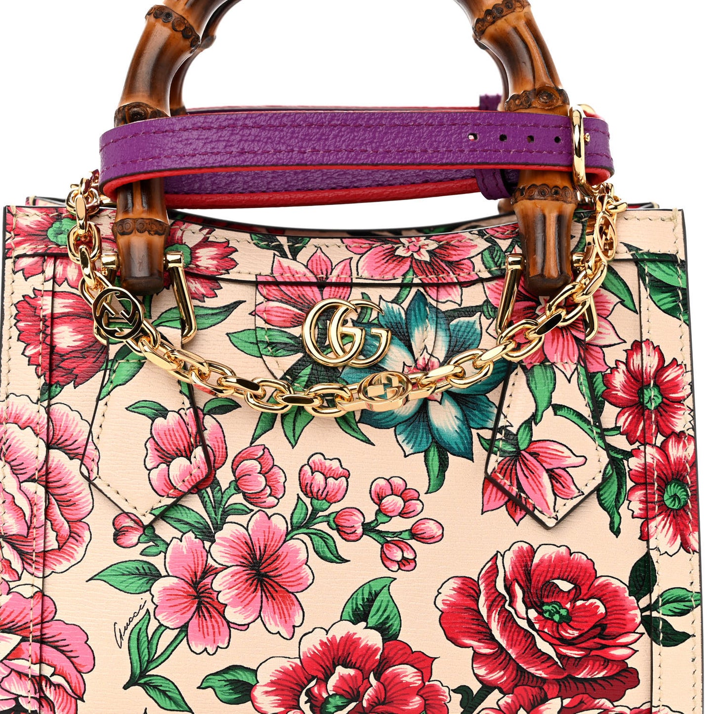 New Shangai Calfskin Floral Print Mini Diana Tote Bag Multicolor