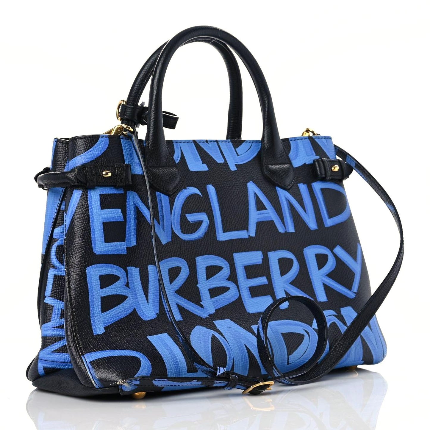 Grainy Calfskin Graffiti Print Medium Banner Tote Black