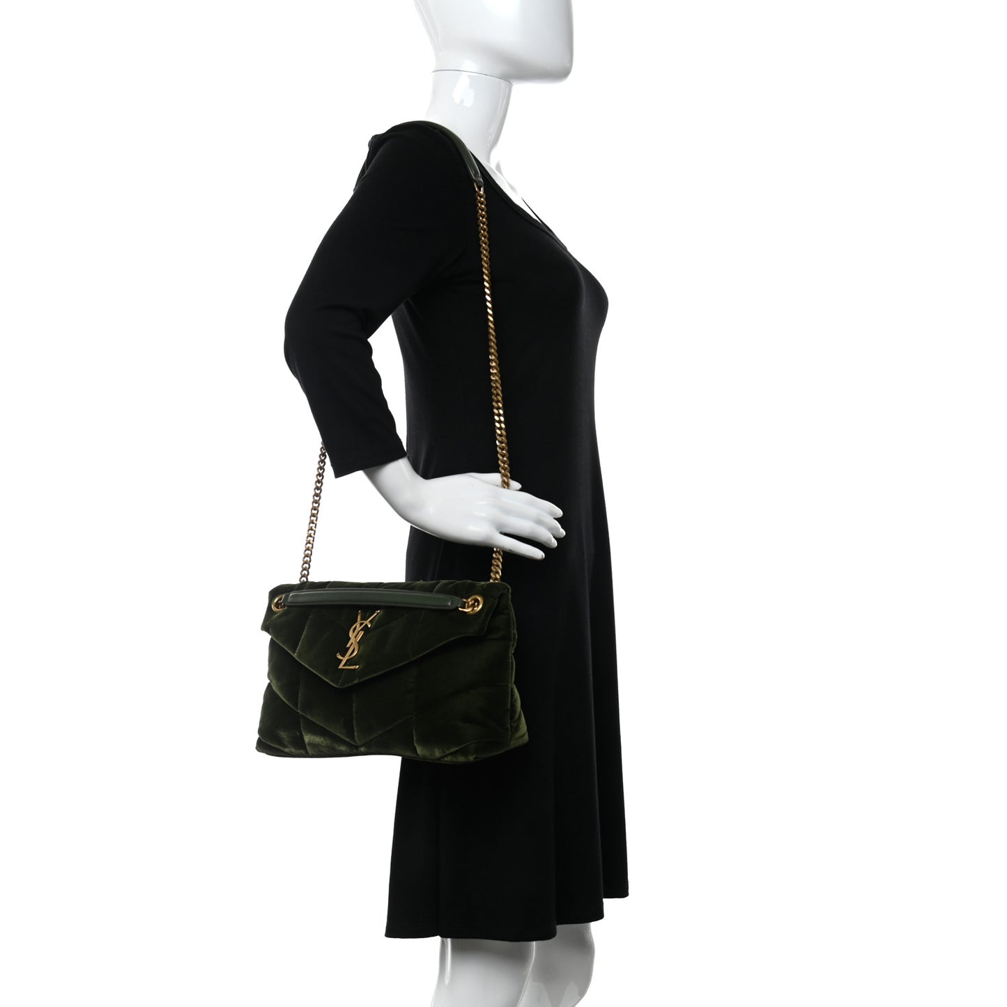 Velvet Quilted Small Loulou Puffer Monogram Chain Satchel Kaki Musk