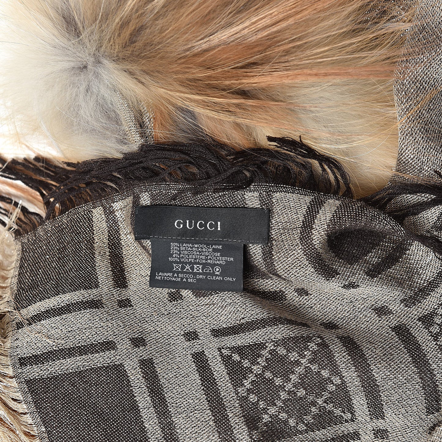 Wool Shiny Silk Fox Fur Monogram Shawl Scarf