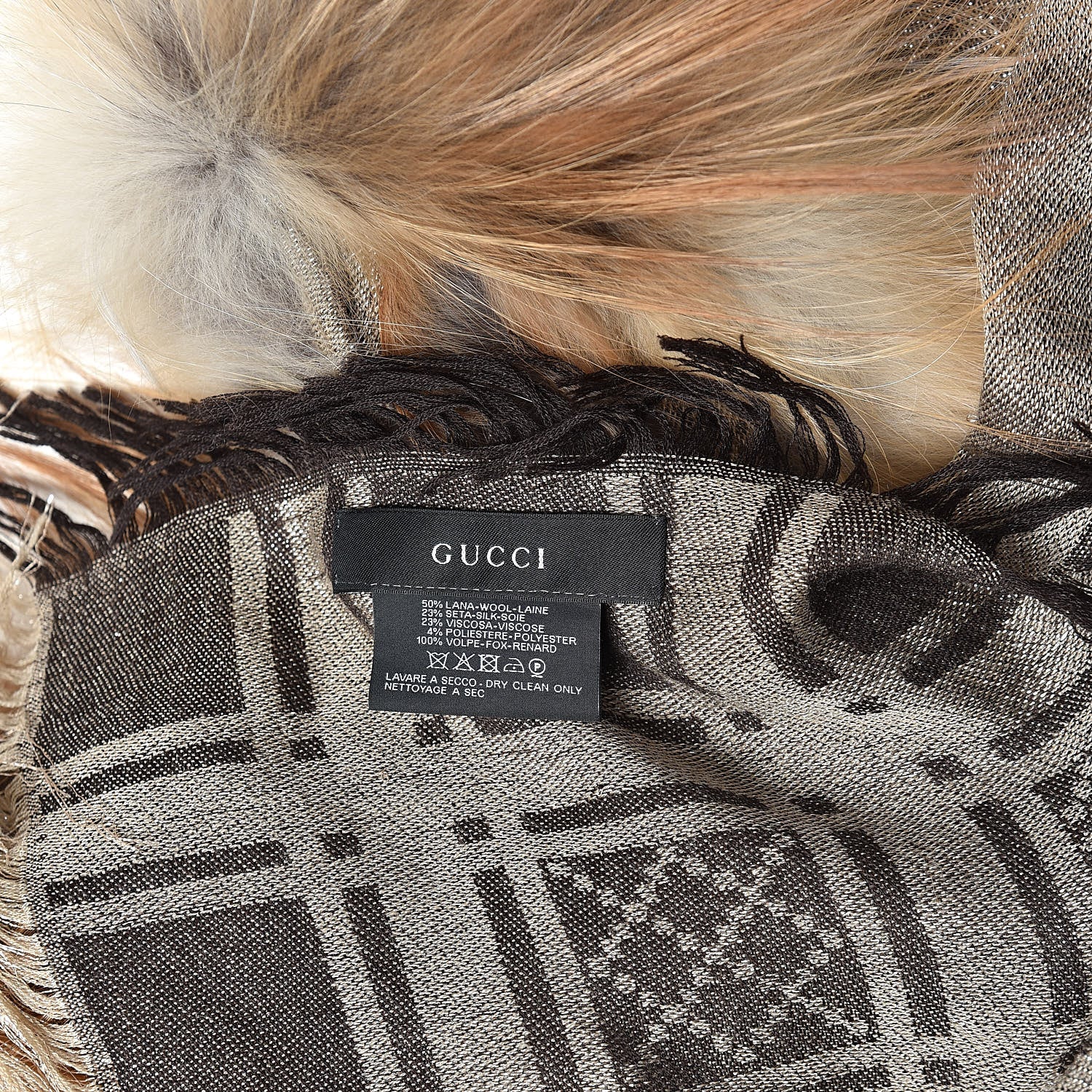 Gucci Wool Shiny Silk Fox Fur Monogram Shawl Scarf 3 of 3