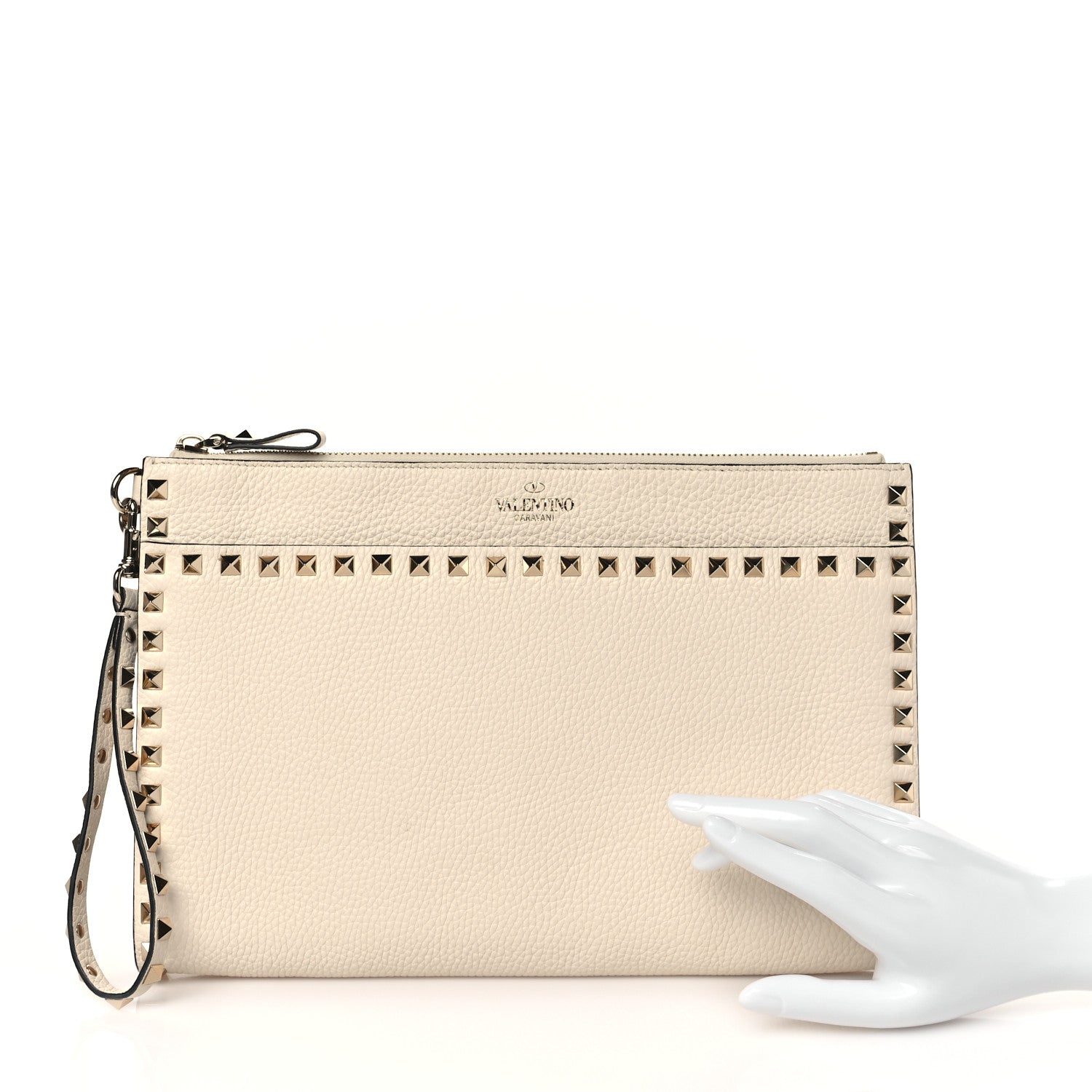 Valentino Garavani Pebbled Calfskin Rockstud Zip Pouch Ivory 2 of 9