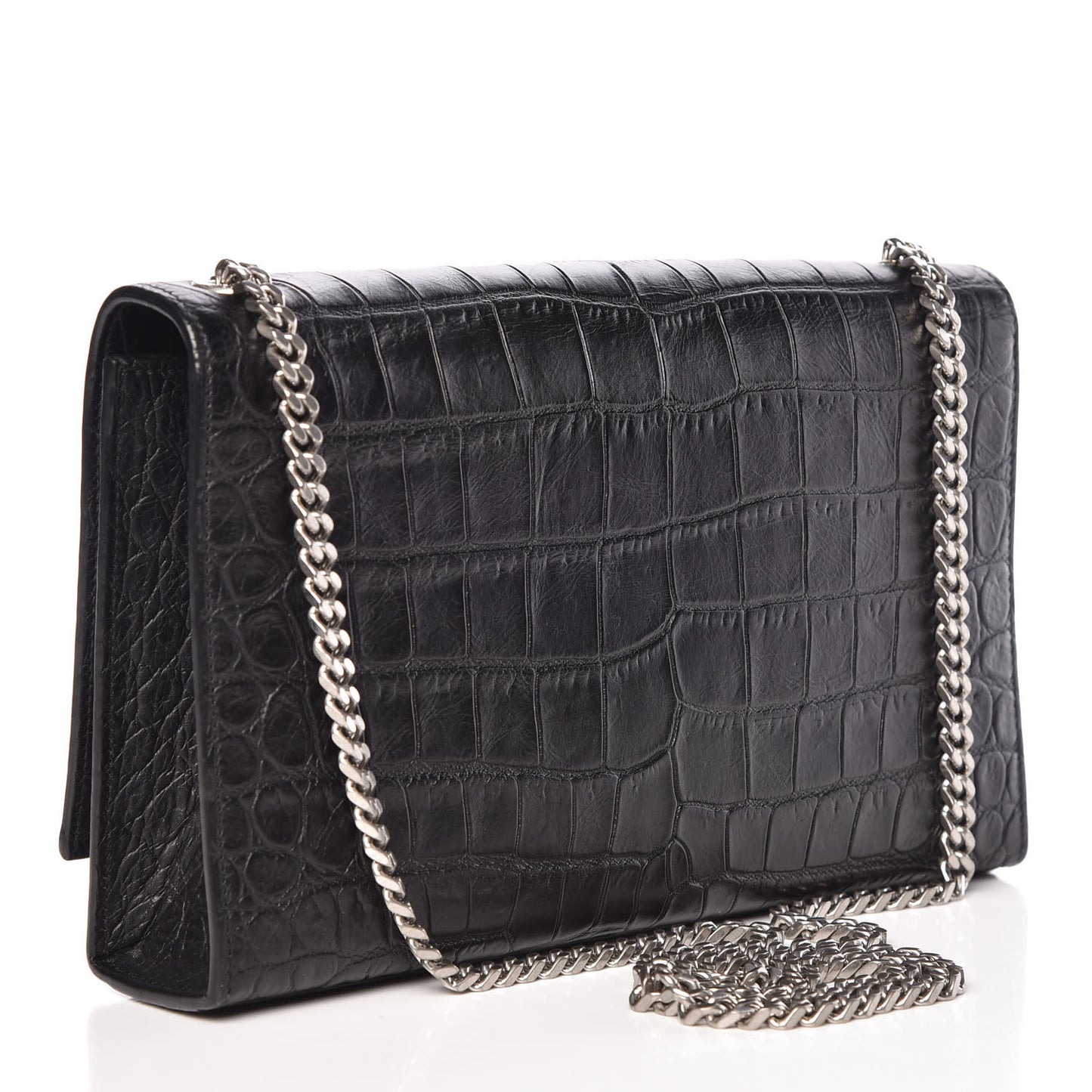 Calfskin Crocodile Embossed Medium Classic Monogram Kate Tassel Satchel Black