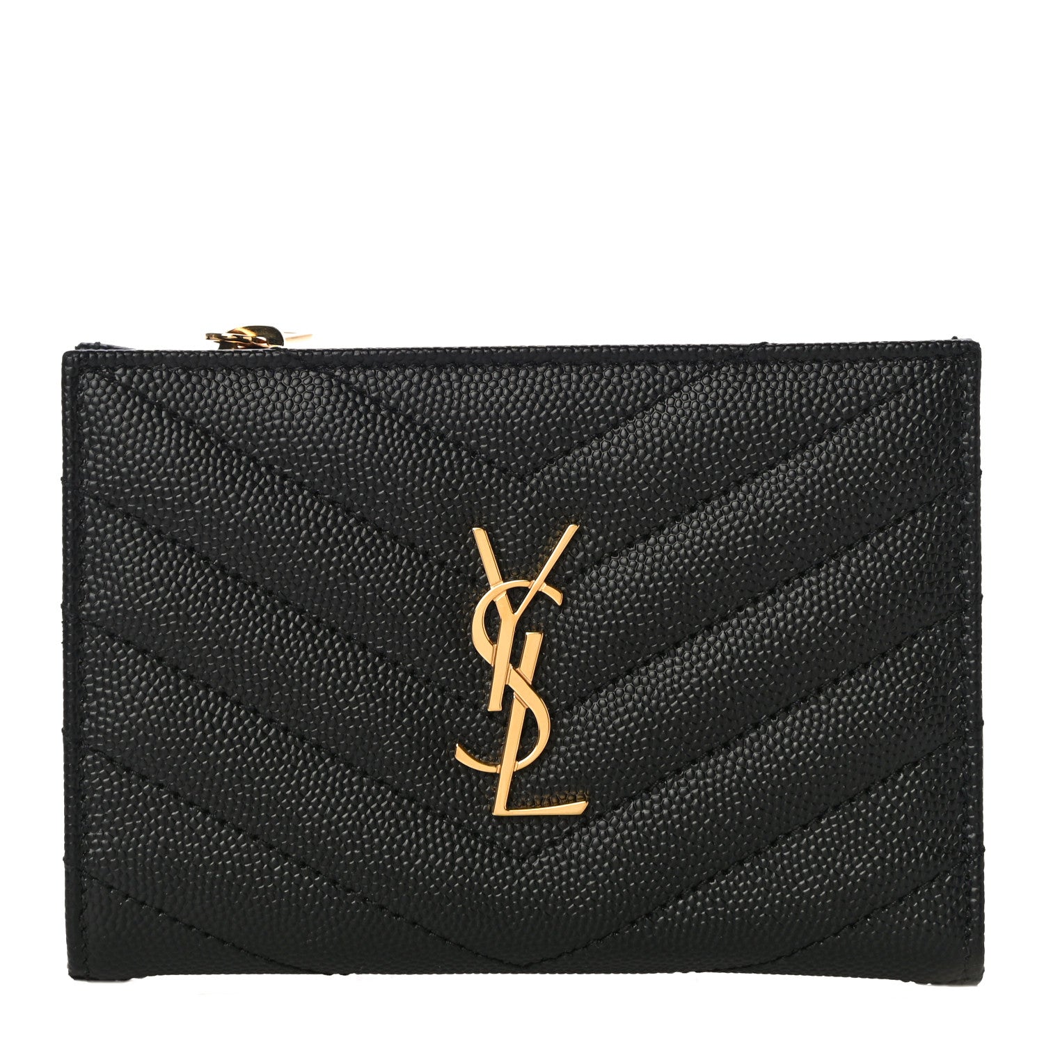Saint Laurent Grain De Poudre Matelasse Chevron Monogram Zipped Two-Part Wallet Black 1 of 9