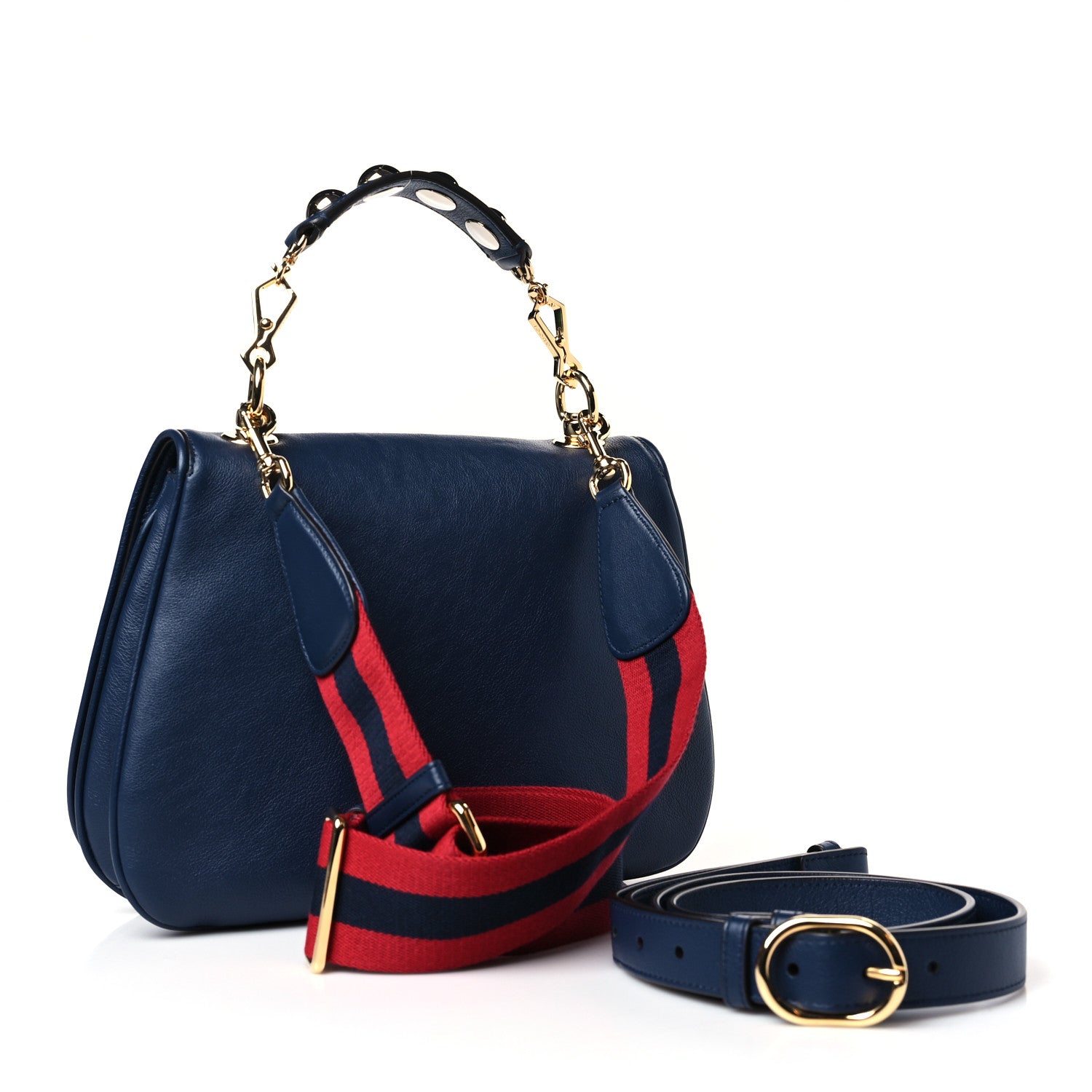 Gucci Roxy Calfskin Web Medium Blondie Top Handle Shoulder Flap Bag Blue Agata 3 of 9