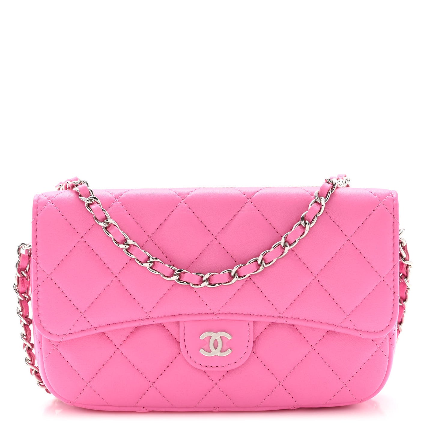 Lambskin Quilted Flap Phone Holder With Chain Neon Pink