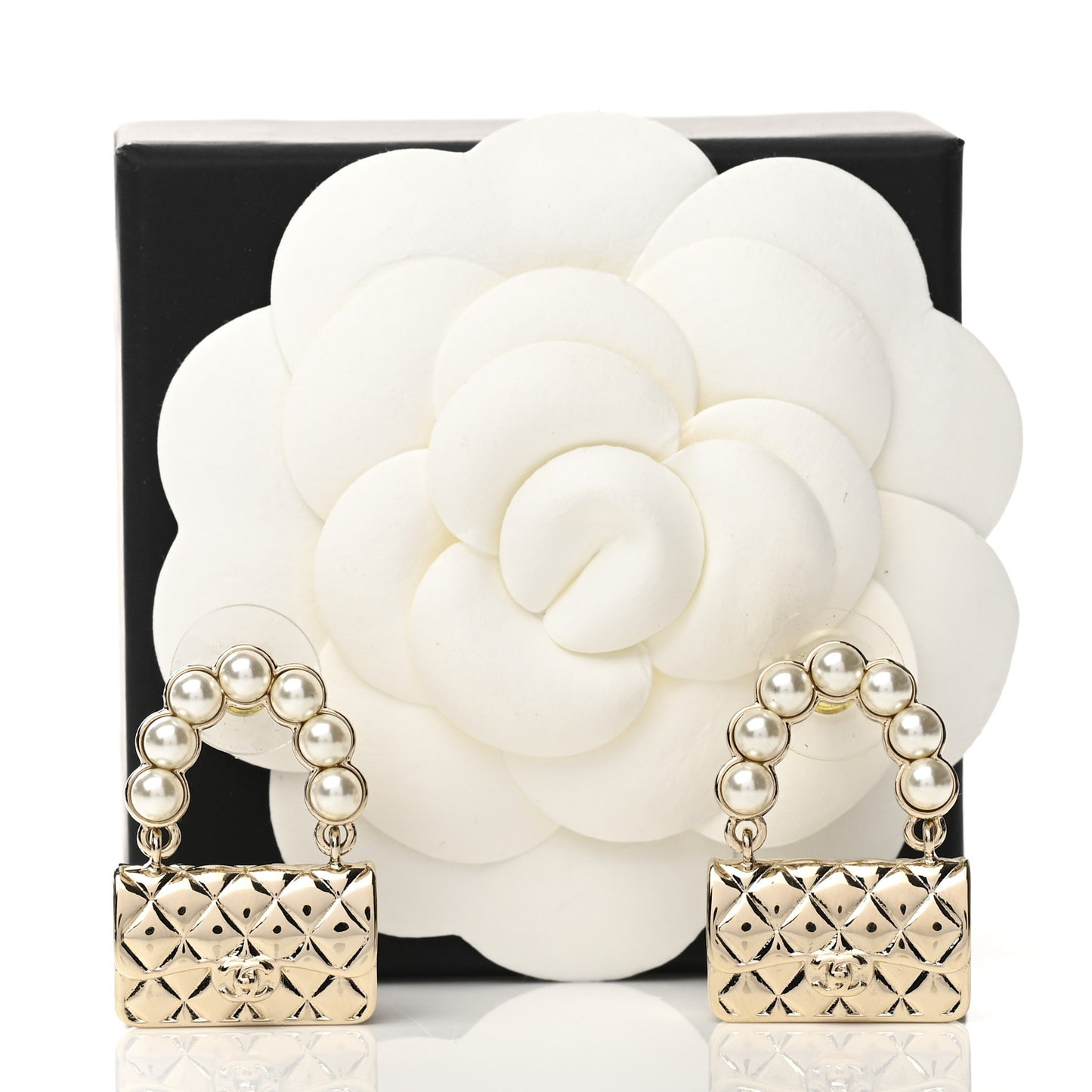 Pearl Quilted CC Flap Bag Earrings Gold