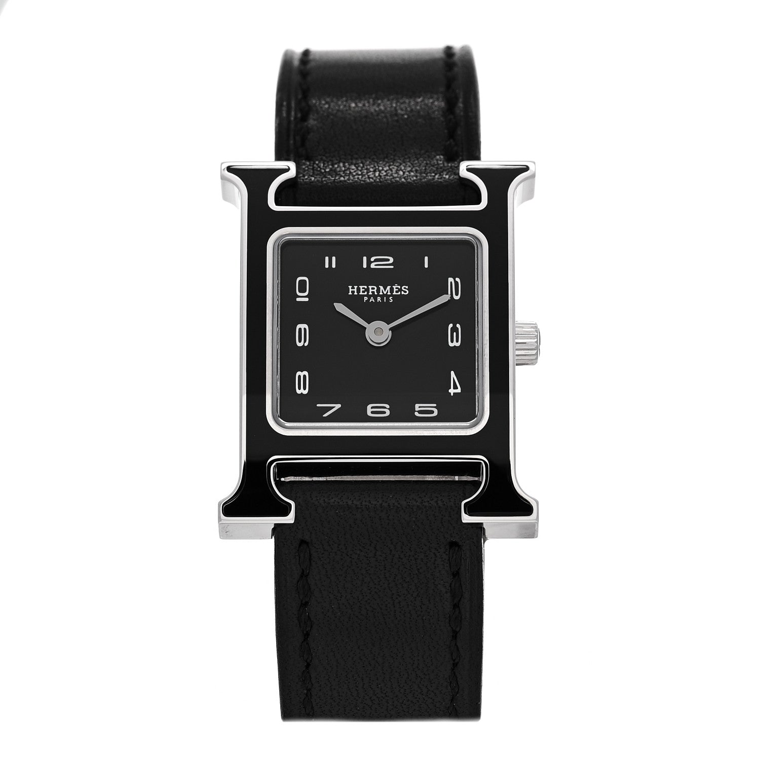 Hermes Stainless Steel Barenia Lacquer 21mm Heure H Hour Quartz Watch Noir 1 of 5