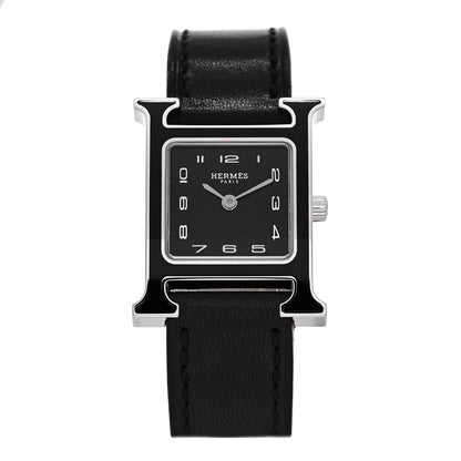 Hermes Stainless Steel Barenia Lacquer 21mm Heure H Hour Quartz Watch Noir 1 of 5