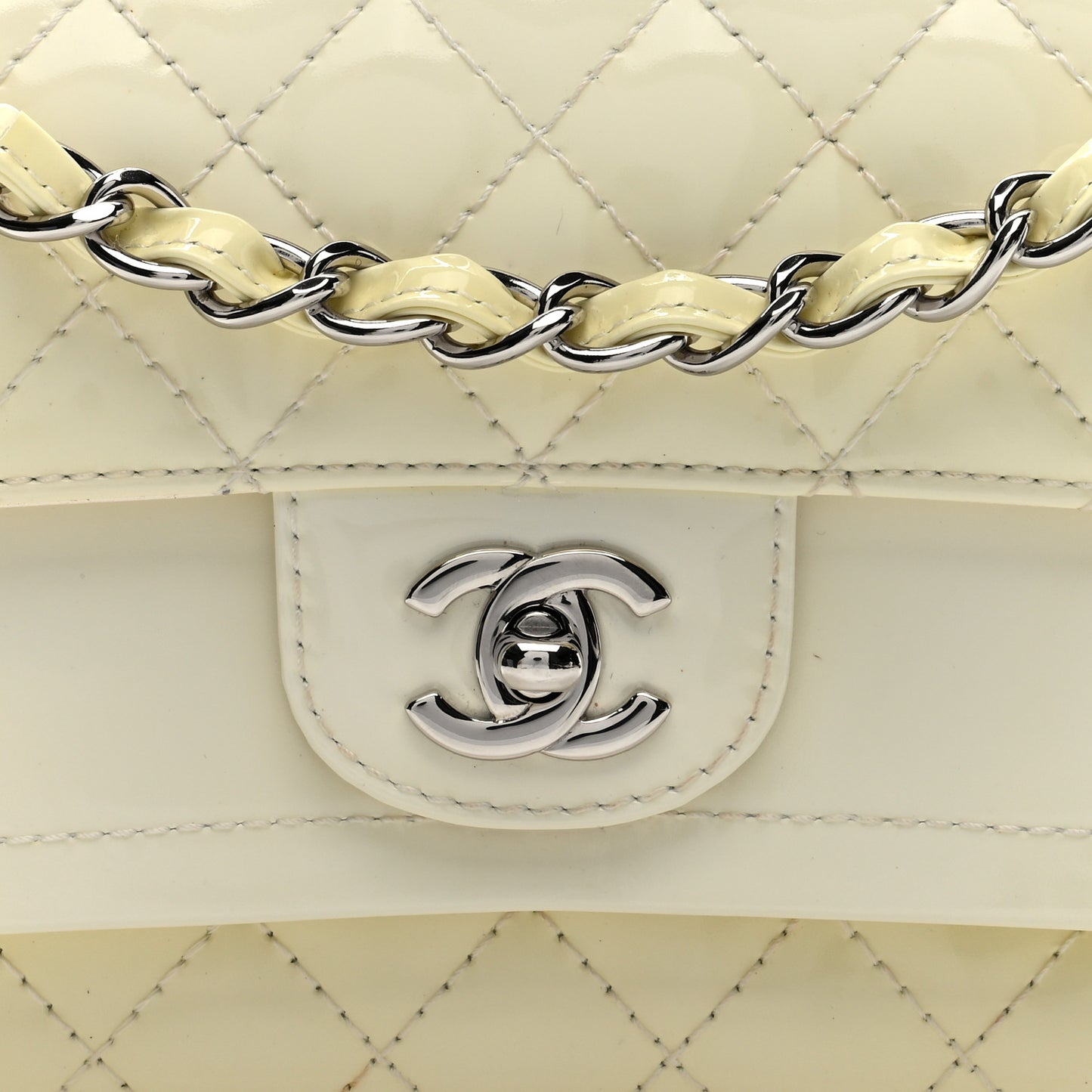 Patent Calfskin Quilted Rectangular Double Flap White