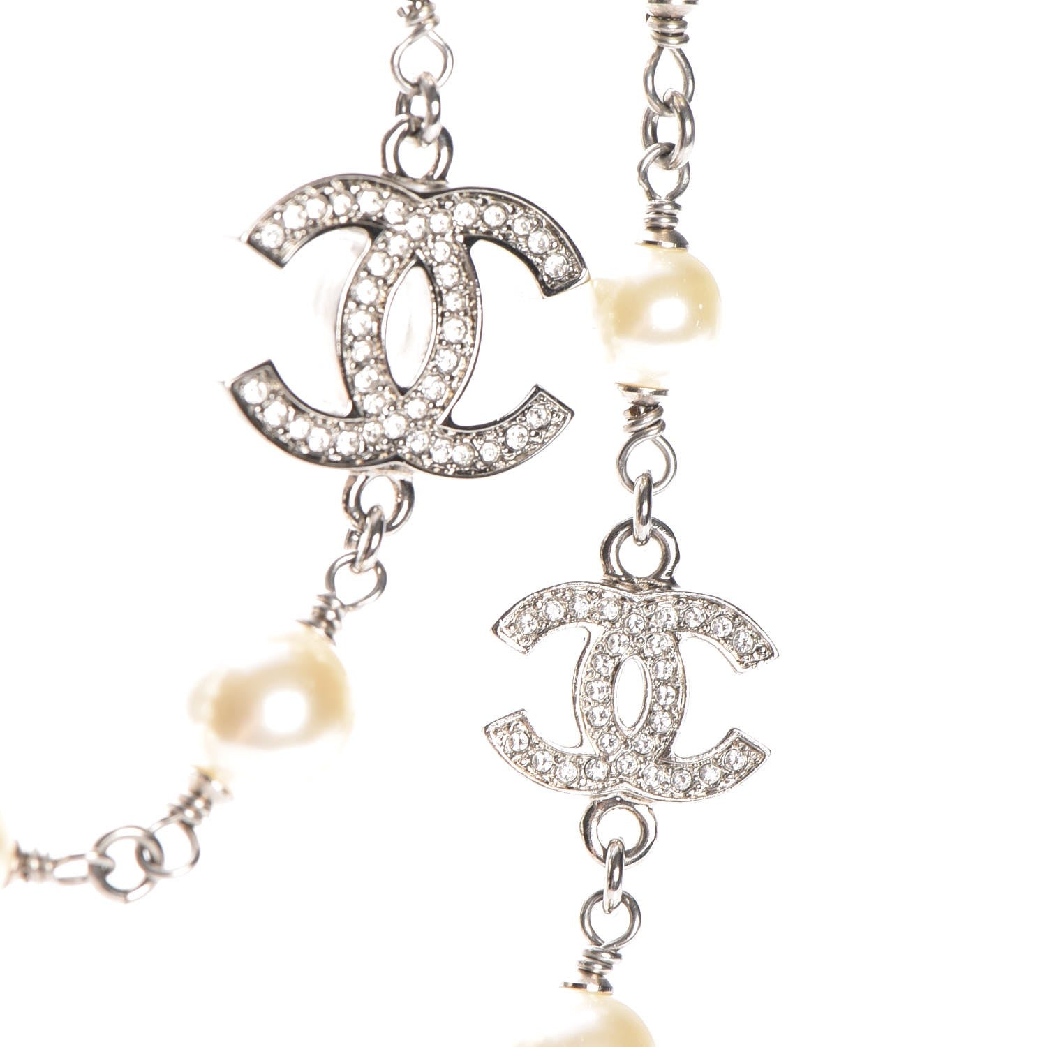 Chanel Crystal Pearl CC Long Necklace Silver 4 of 6