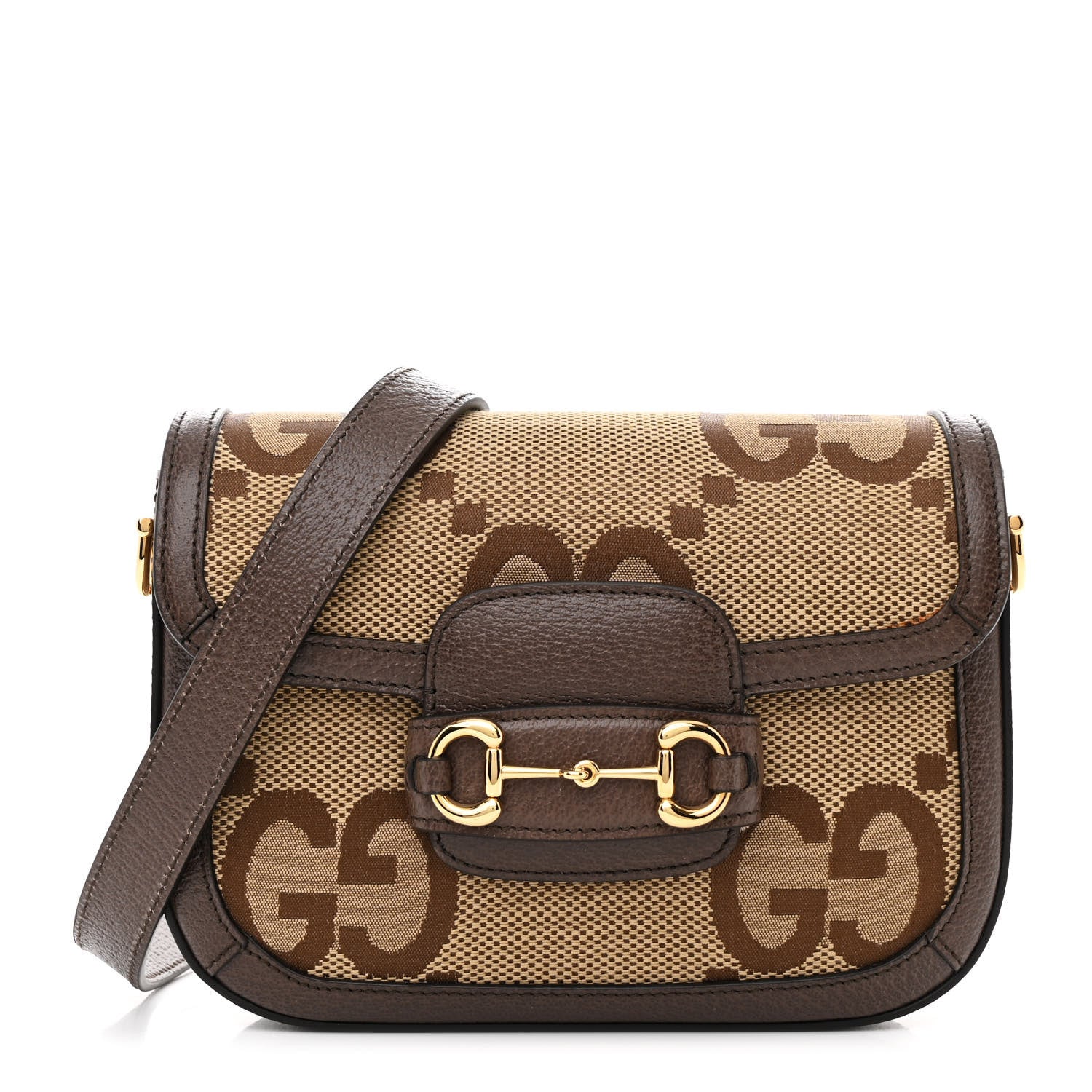 Gucci Monogram Jumbo GG Textured Dollar Calfskin Web Mini Horsebit 1955 Shoulder Bag Camel Ebony New Acero 1 of 12