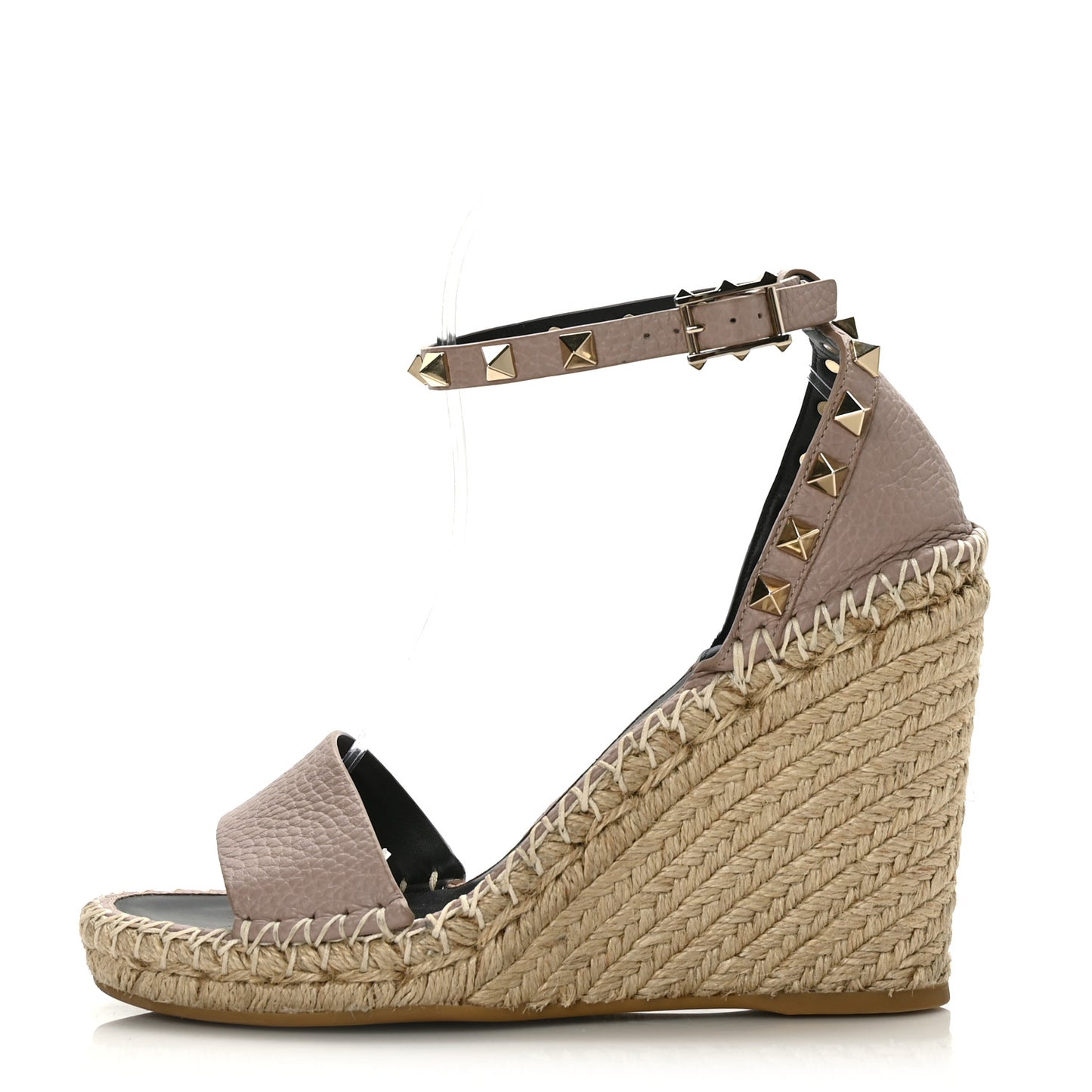 Grained Calfskin Rockstud Ankle Strap Espadrille 15/105mm Wedge Sandals 37 Poudre Natural