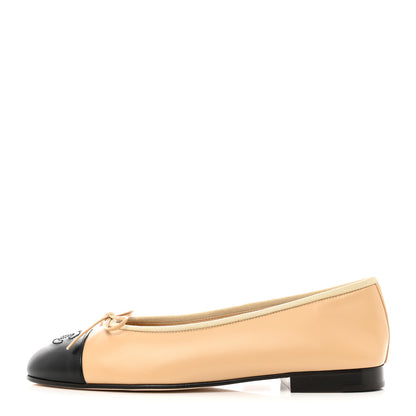 Chanel Lambskin Cap Toe CC Ballerina Flats 38 Beige Black 1 of 9