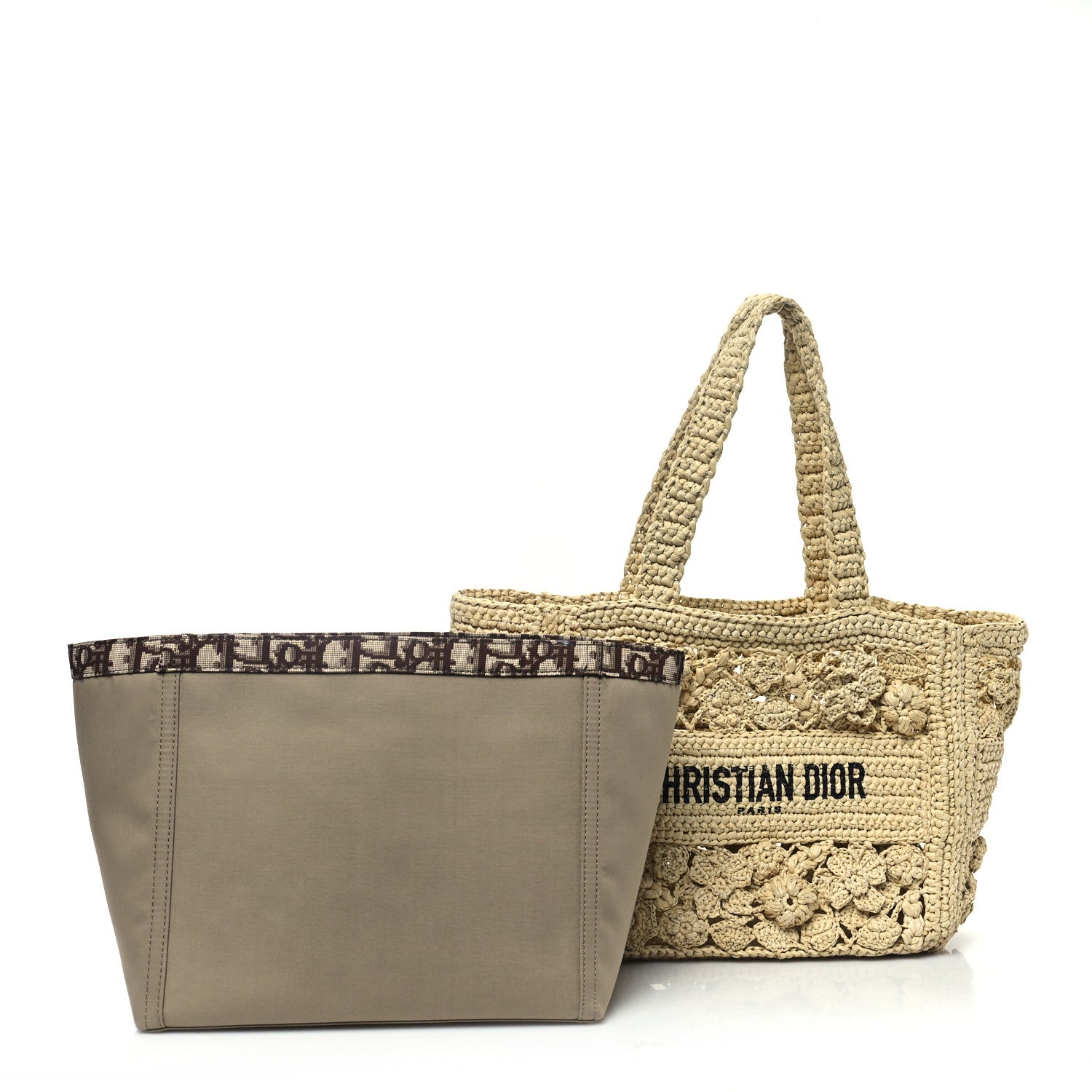 Christian Dior Woven Raffia Floral Embellished Small Book Tote Natural 3 of 14