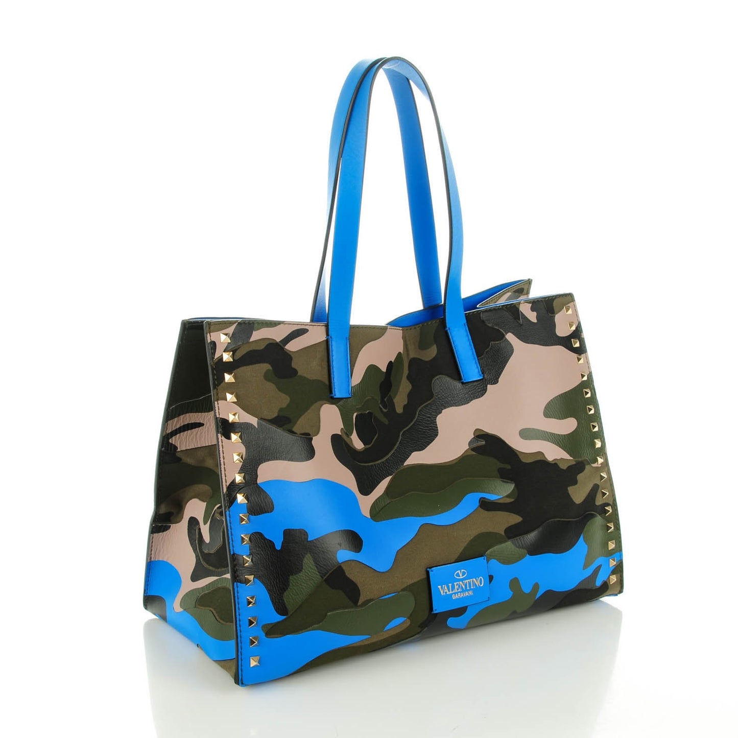 Nappa Canvas Camo Medium Rockstud Soft Tote Blue Fluo