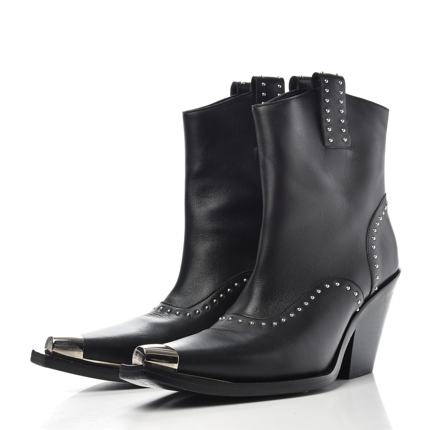 Smooth Calfskin Studded Western Cap Toe Ankle Boots 38.5 Black