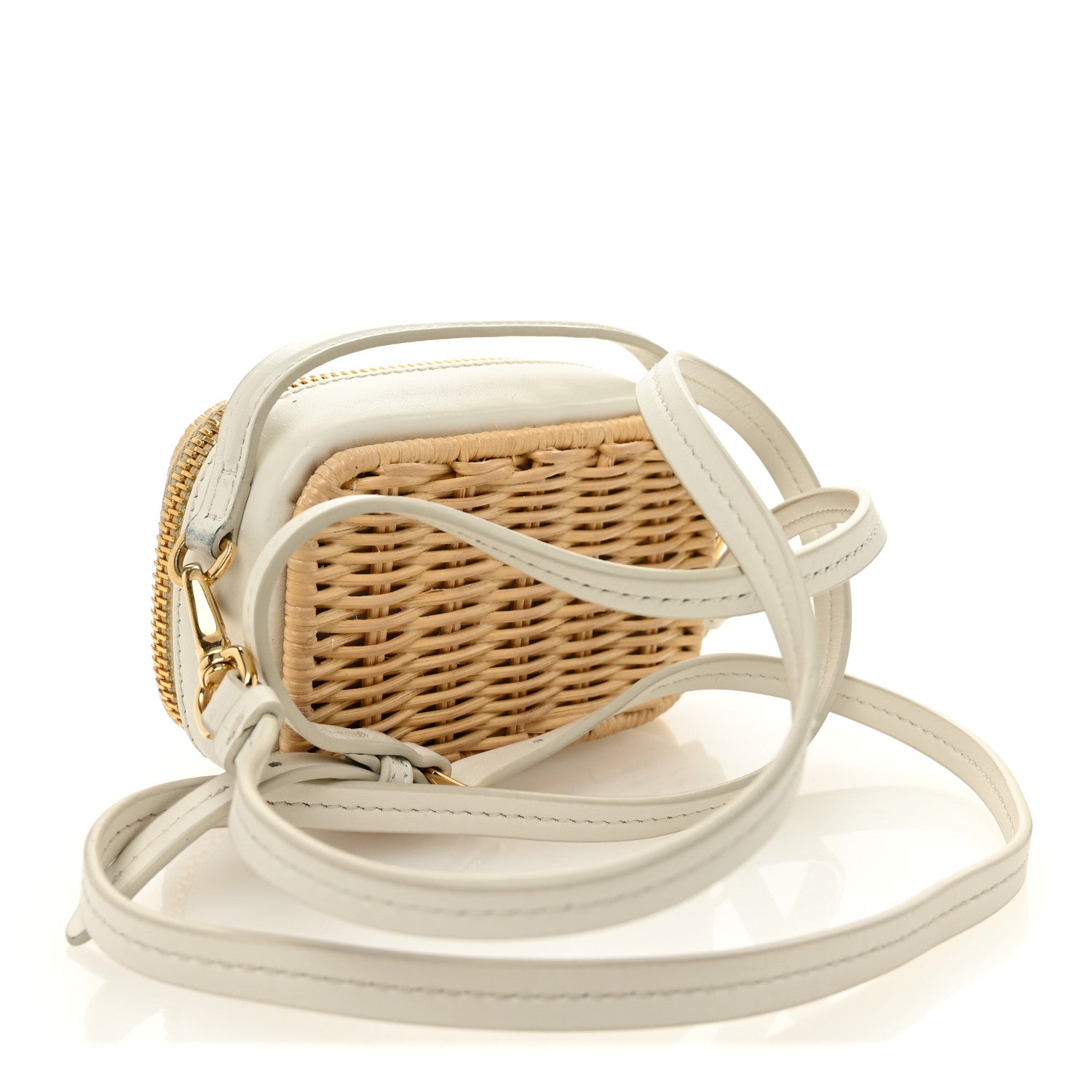 Prada Wicker Calfskin Metal Triangle Logo Mini Pouch Shoulder Bag Tan White 3 of 12