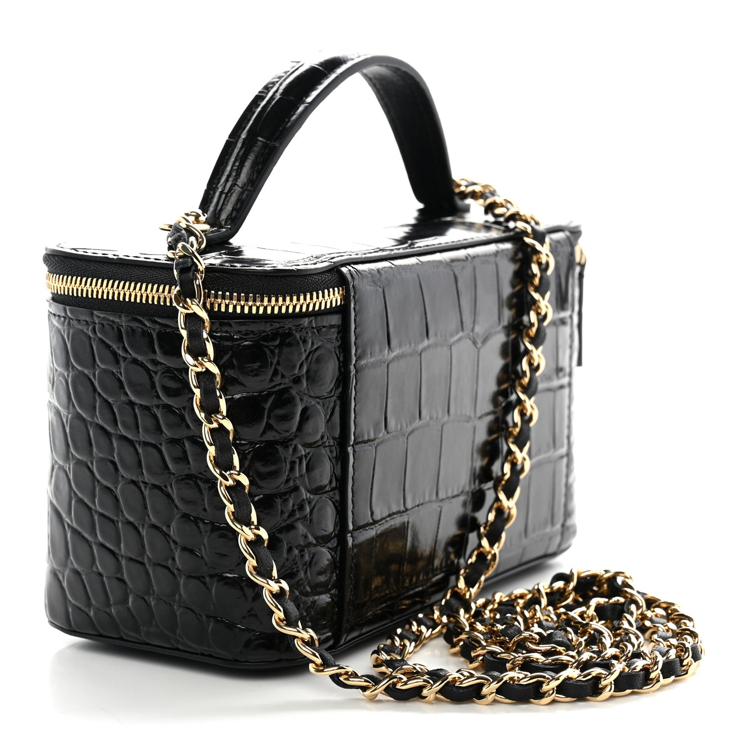 Chanel Calfskin Crocodile Embossed Crococo Small Top Handle Vanity Case With Chain Black 3 of 11