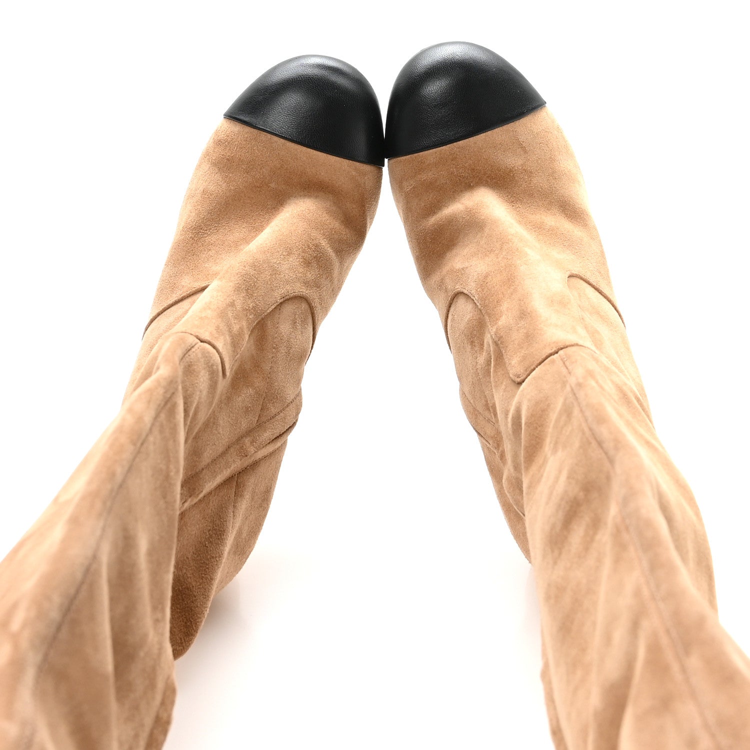 Chanel Suede Lambskin Cap Toe CC Knee High Boots 36.5 Beige Black 2 of 8