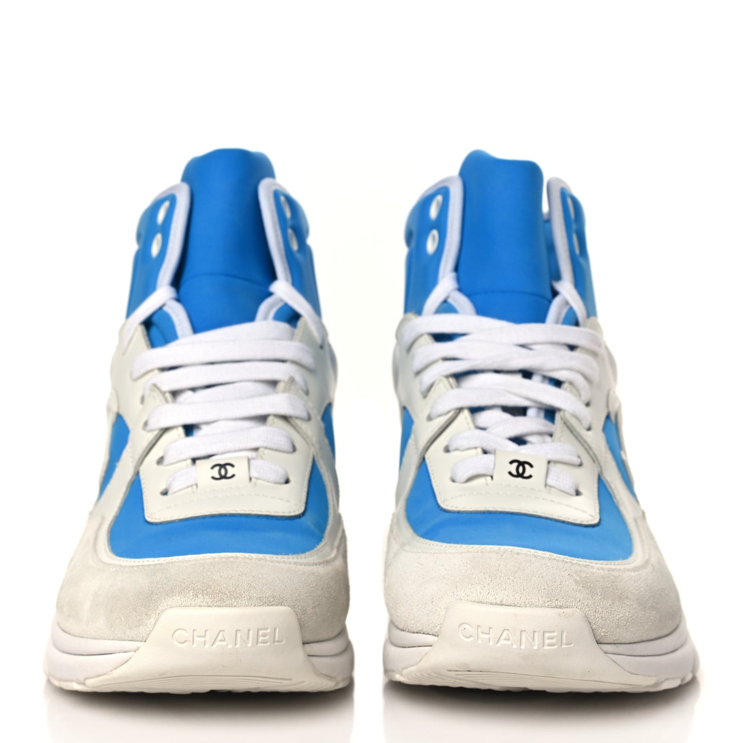Suede Calfskin Lambskin High Top CC Sneakers 38 White Blue
