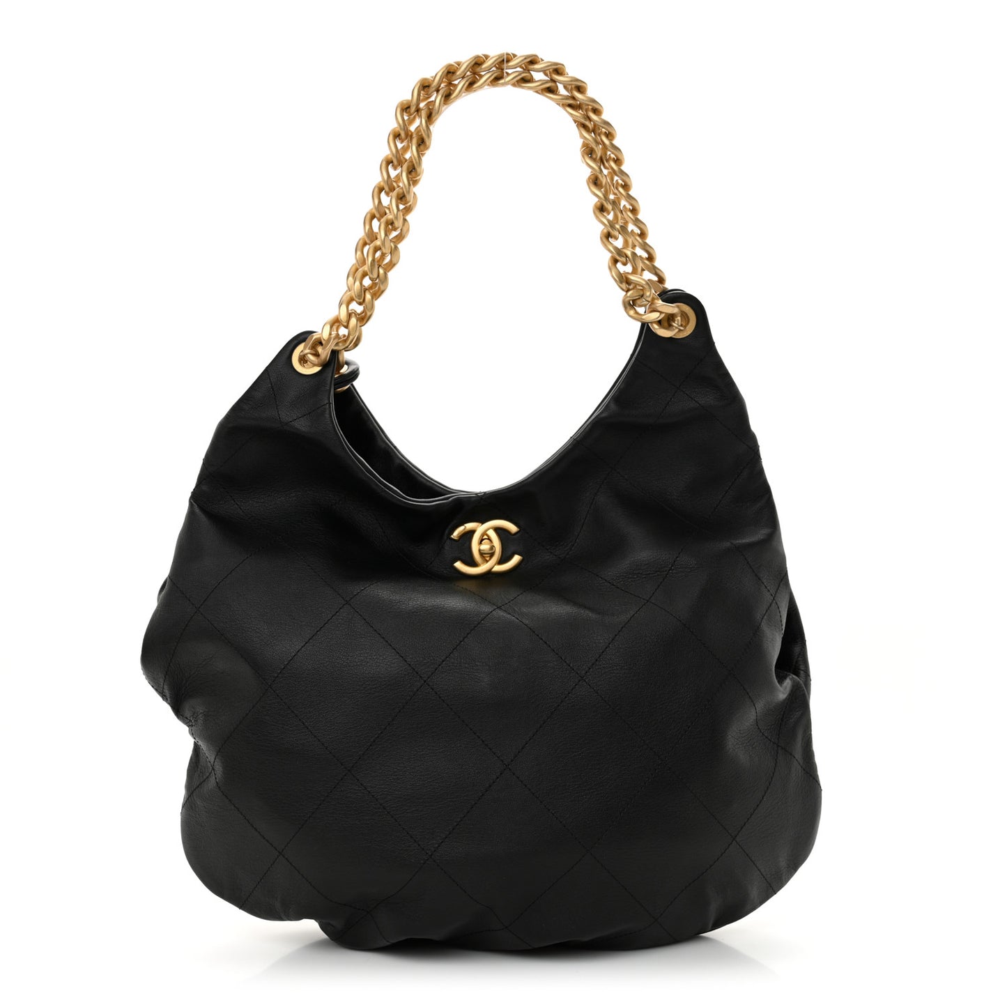 Calfskin Quilted Maxi Chain Hobo Black