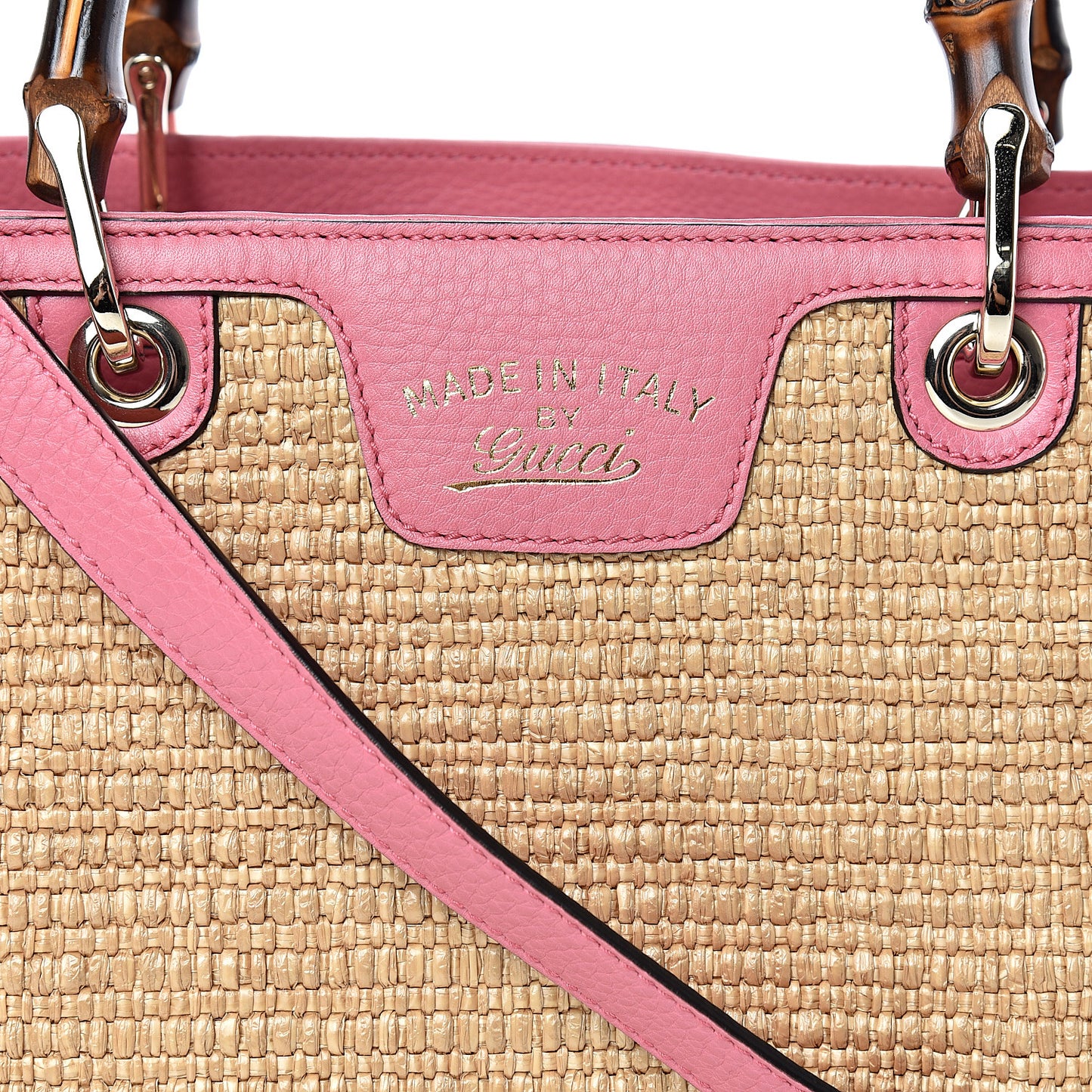 Calfskin Straw Medium Bamboo Shopper Tote Pink