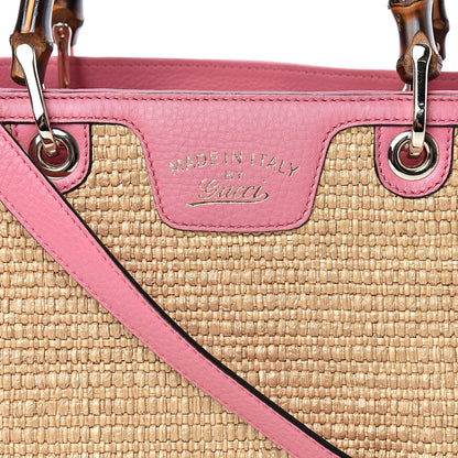 Gucci Calfskin Straw Medium Bamboo Shopper Tote Pink 7 of 10