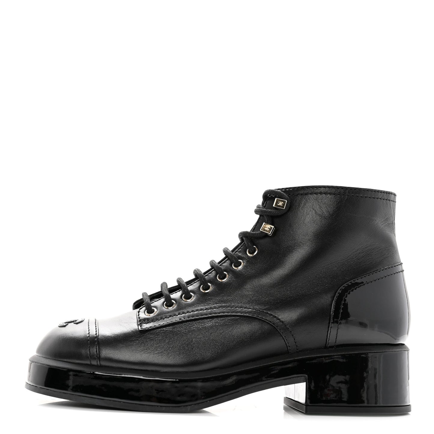 Shiny Calfskin Patent Lace Up Combat Short Boots 42 Black