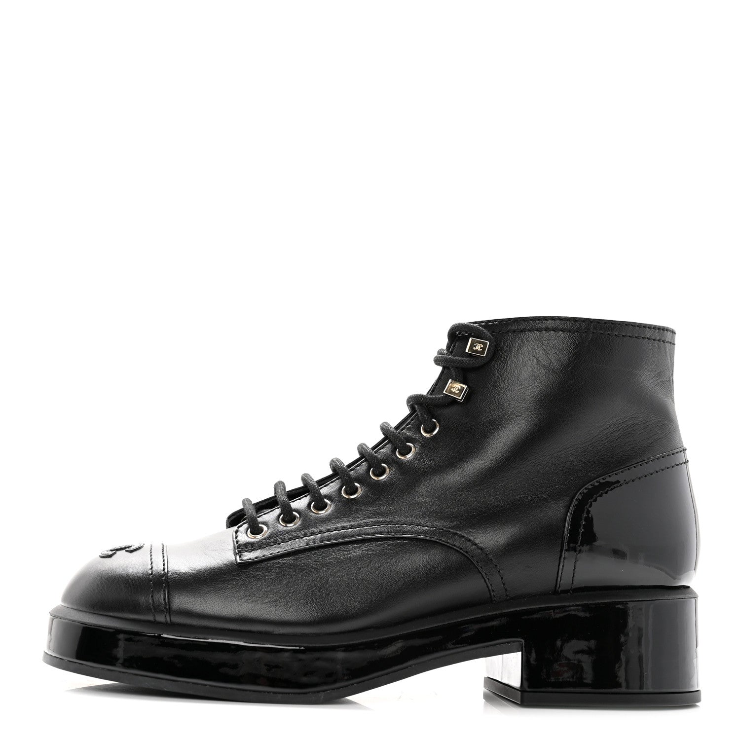 Chanel Shiny Calfskin Patent Lace Up Combat Short Boots 42 Black 1 of 12