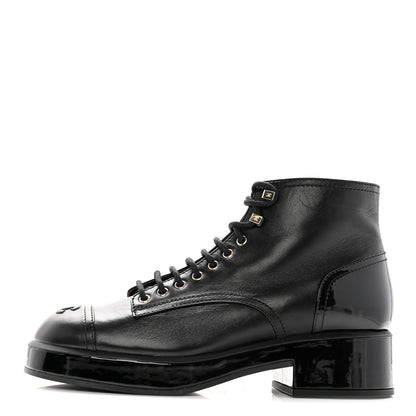 Chanel Shiny Calfskin Patent Lace Up Combat Short Boots 42 Black 1 of 12