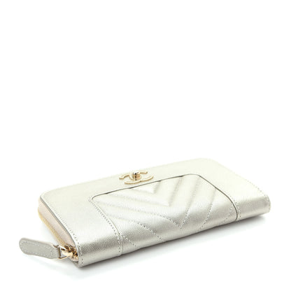 Chanel Metallic Sheepskin Chevron Quilted Medium Mademoiselle Vintage Zip Around Wallet Silver 4 of 9
