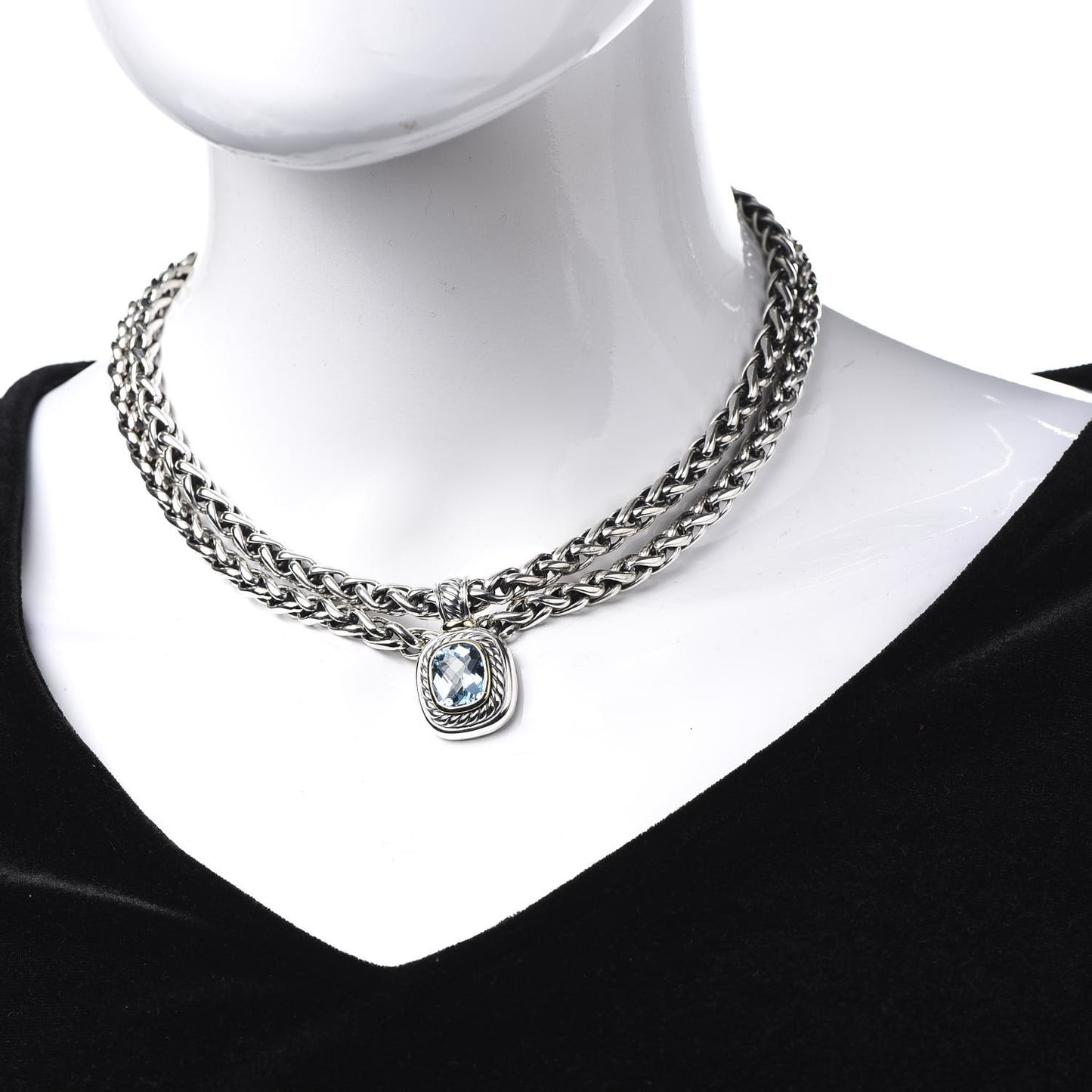 Sterling Silver 14K Yellow Gold 14mm Blue Topaz Albion Enhancer Pendant Necklace
