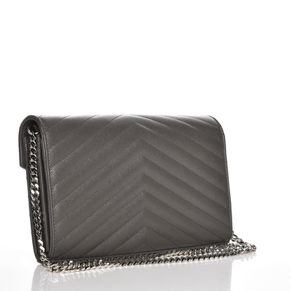 Saint Laurent Grain De Poudre Matelasse Chevron Monogram Chain Wallet Gray 3 of 7