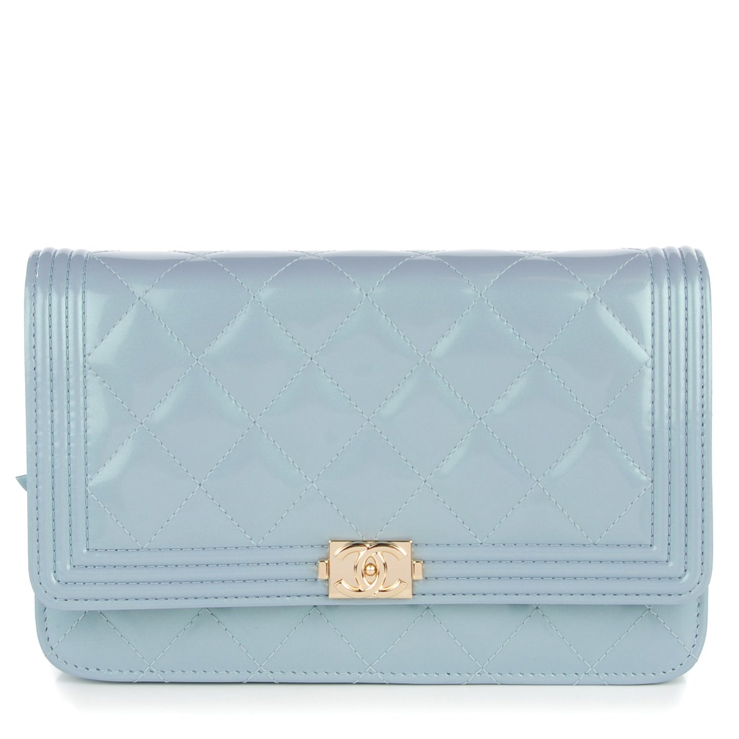 Iridescent Calfskin Quilted Boy Wallet On Chain WOC Light Blue