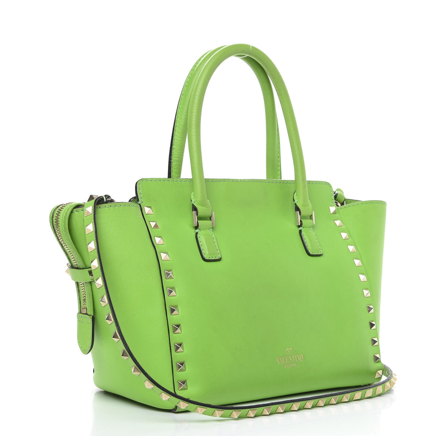 Vitello Small Rockstud Double Handle Tote Green Fluo