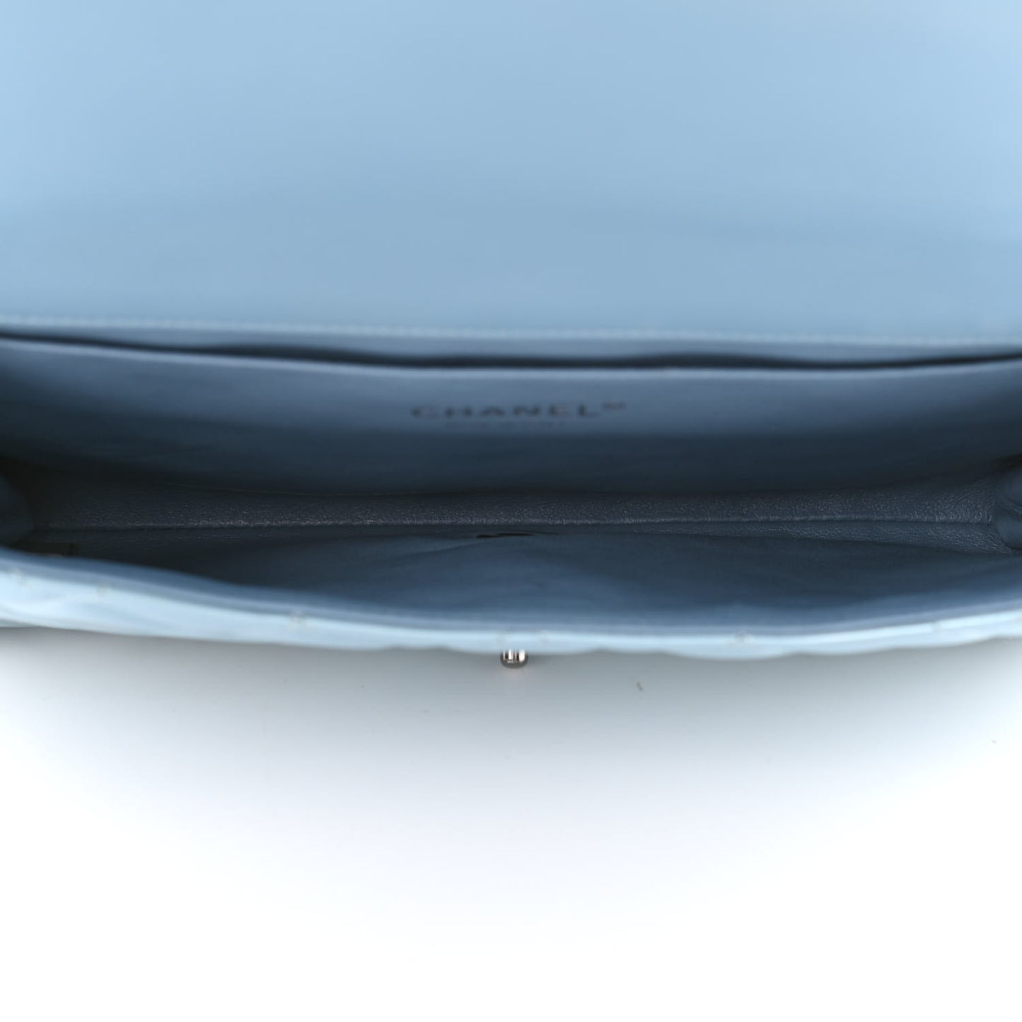 Patent Quilted Clutch With Chain Flap Blue