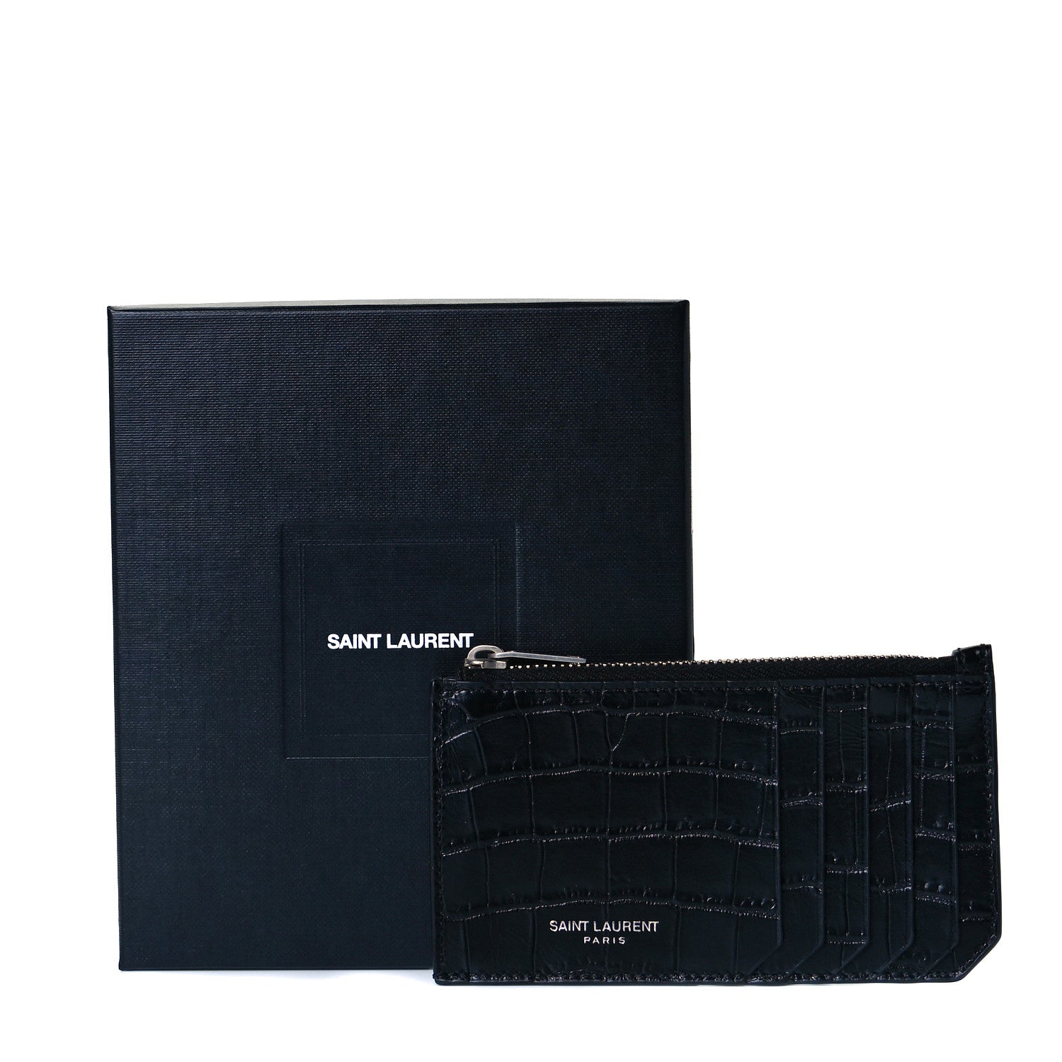 Saint Laurent Calfskin Crocodile Embossed 5 Fragments Zip Pouch Card Holder Black 10 of 10