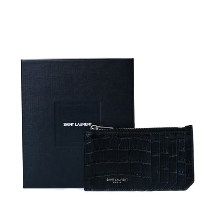Saint Laurent Calfskin Crocodile Embossed 5 Fragments Zip Pouch Card Holder Black 10 of 10